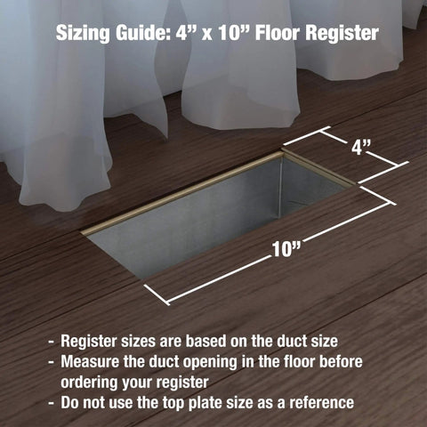 4x10 Louvered Floor Register Almond Finish With All Steel Construction size guide indicating square measurements