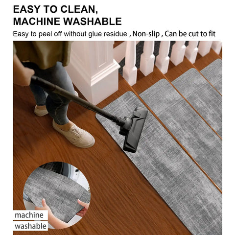 Person vacuuming Non Slip Stair Treads For Wooden Steps Indoor Carpet With Rubber Backing 15 Pack 8X30 Inches grey texture