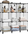 Wire Cube Storage Organizer With 9 Cube Bookcase Open Grid Shelves filled with towels and toiletries, metal construction, each cube 12x12x12 inches.
