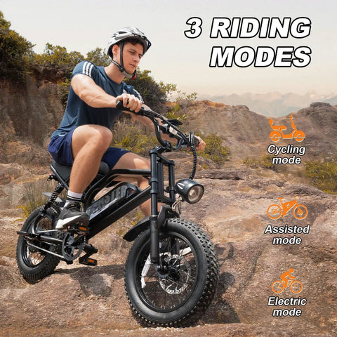 Person riding Compact Fat Tire Electric Bike With 500W Motor And Removable Battery, Up To 45 Mile Range And 20 MPH Top Speed, 16 Inch E Bike on rocky terrain.