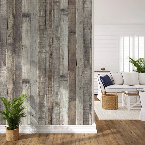 Wood Peel And Stick Wallpaper With Faux Distressed Plank Look Self Adhesive Vinyl Film on living room wall, rustic decor style