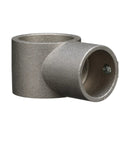 Heavy Duty Brushed Aluminum End Cross Brace Fitting Locks Down 1-1/2 Inch Legs And Nails 1-1/4 Inch Cross Braces For Zero Wobble Table Stability And No Sweat Knock-Down Setup, close-up view of brushed aluminum connector.