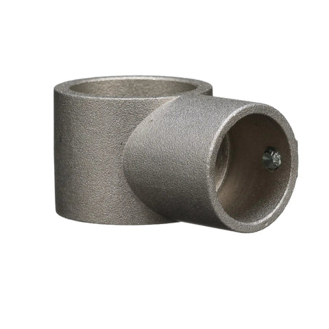 Heavy Duty Brushed Aluminum End Cross Brace Fitting Locks Down 1-1/2 Inch Legs And Nails 1-1/4 Inch Cross Braces For Zero Wobble Table Stability And No Sweat Knock-Down Setup, close-up view of brushed aluminum connector.