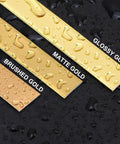 Kick Up Your Rooms With Matte Gold Peel And Stick Molding Trim, showing matte, glossy, and brushed gold trims with water droplets.