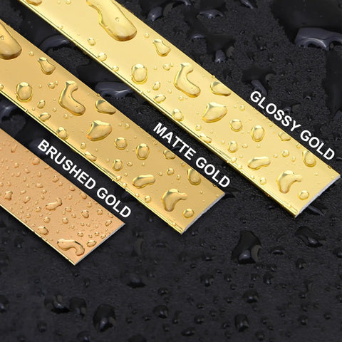 Kick Up Your Rooms With Matte Gold Peel And Stick Molding Trim, showing matte, glossy, and brushed gold trims with water droplets.
