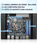 Celeron J6413 Fanless Mini PC showcasing 2 M.2 NVMe slots, 2 DDR4 RAM slots, and 2 SATA 3.0 slots.