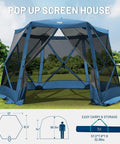 Pop Up Gazebo Tent With Wind Panels 12.1 Ft By 10.5 Ft Waterproof Screen House With Mesh Ventilation UV Protection Navy Blue