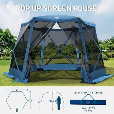 Pop Up Gazebo Tent With Wind Panels 12.1 Ft By 10.5 Ft Waterproof Screen House With Mesh Ventilation UV Protection Navy Blue