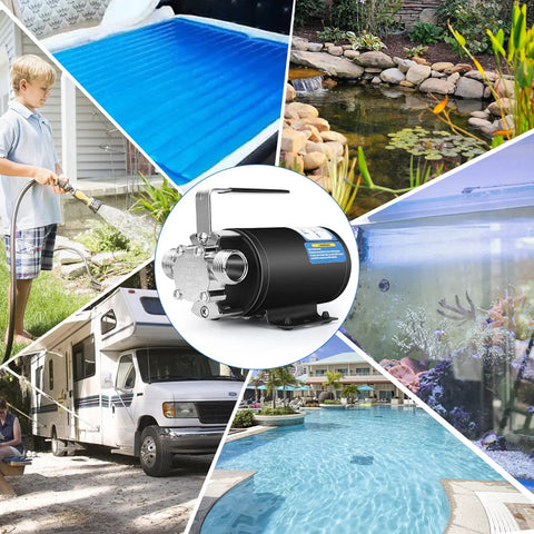 Collage featuring 12V Water Transfer Pump 330 GPH Electric Utility Pump with Three Quarter Inch Ports Suction Hose And Spare Parts for diverse uses like pool, garden, RV, pond, and fish tank.