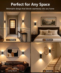 Various indoor scenes showcasing Fuligent Motion Sensor Light Indoor, Rechargeable Wall Sconce, 2 Pack in hallway, bedroom, living room, and staircase.