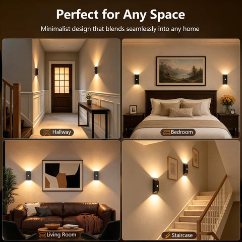 Various indoor scenes showcasing Fuligent Motion Sensor Light Indoor, Rechargeable Wall Sconce, 2 Pack in hallway, bedroom, living room, and staircase.