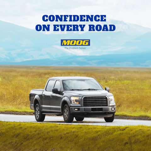 Truck on a scenic road with 'Confidence on Every Road' and MOOG logo above, showcasing vehicle reliability.