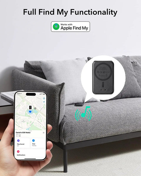 MagSafe Wallet With Find My For iPhone 17e 17 16 15 14 13 12 Series 5 Card Holder on gray sofa with phone tracking app display