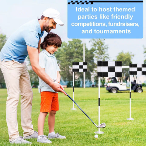 Man and child practicing with Six Pack Checkered Golf Flags 8x6 Inches Made From 420D Nylon, Portable Training Targets in yard