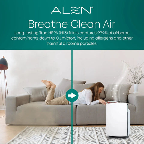 Woman using Replacement True HEPA Air Filter For BreatheSmart Classic in living room to keep indoor air fresh and clean.