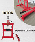 Beefy 10 Ton Welded H Frame Shop Press With Adjustable Crossbeam And 12 Inch Stroke, Manual Pump, red steel frame visible