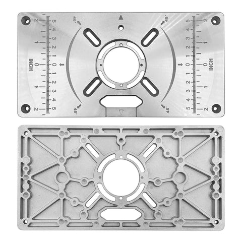 Knockout Aluminum Router Table Insert Plate For Precision Woodworking And Bench Trimming Rock Solid Fit and Plug and Play Setup Works With Your Favorite Trim Gear Silver top and bottom views showing measurement markings.