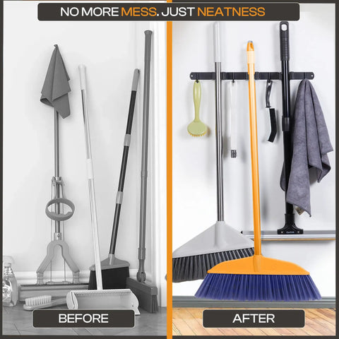 Comparison of cleaning tools before and after using Heavy Duty Stainless Steel Broom Holder Wall Mount With 3 Racks And 4 Hooks