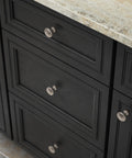 Close-up of Satin Nickel Cabinet Knobs 10 Pack Round Mushroom Design for Kitchen Cabinets on black drawers.