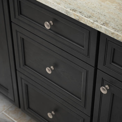 Close-up of Satin Nickel Cabinet Knobs 10 Pack Round Mushroom Design for Kitchen Cabinets on black drawers.