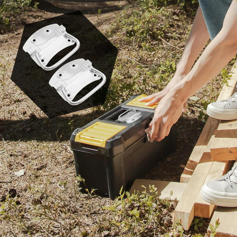 Person fitting 2 Pack Heavy Duty Chest Handles Zinc Plated Case Pull Handles onto toolbox in outdoor setting, emphasizing easy lifting and durability