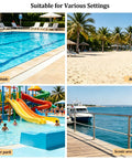 Various settings for Heavy Duty Life Vest Holder Rack With Smooth Locking Wheels, including poolside, beach, water park, and scenic pier.