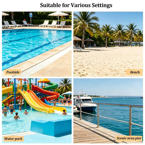 Various settings for Heavy Duty Life Vest Holder Rack With Smooth Locking Wheels, including poolside, beach, water park, and scenic pier.