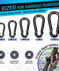 Five different sizes of black heavy duty carabiner clips, including Two Pack 4 Inch Spring Snap Hooks, 700 Lb Load Capacity.