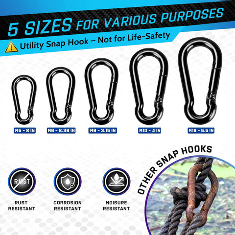 Five different sizes of black heavy duty carabiner clips, including Two Pack 4 Inch Spring Snap Hooks, 700 Lb Load Capacity.