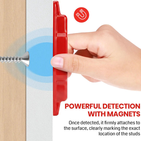 (4-Pack) Calvana Magnetic Stud Finder Wall Scanner, demonstrating powerful magnetic detection against a wall.