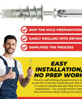 Zinc Self Drilling Drywall Anchor Kit With Screws For Hollow Walls showing wide fin design and man in overalls holding a screw.