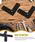 Beefed-Up Heavy Duty L Shaped Corner Brackets Set in Black Stainless Steel amidst tools on wooden surface
