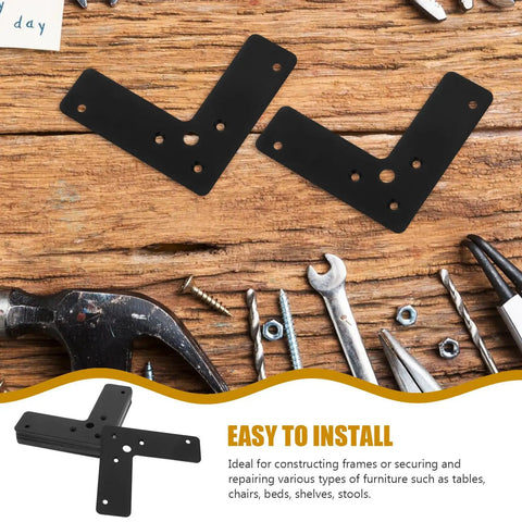 Beefed-Up Heavy Duty L Shaped Corner Brackets Set in Black Stainless Steel amidst tools on wooden surface