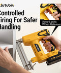18 Gauge Cordless Brad Nailer 2 In 1 Electric Nail And Staple Gun Kit Battery Powered in use for precise handling and safety.
