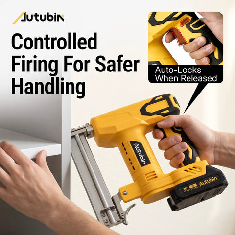 18 Gauge Cordless Brad Nailer 2 In 1 Electric Nail And Staple Gun Kit Battery Powered in use for precise handling and safety.