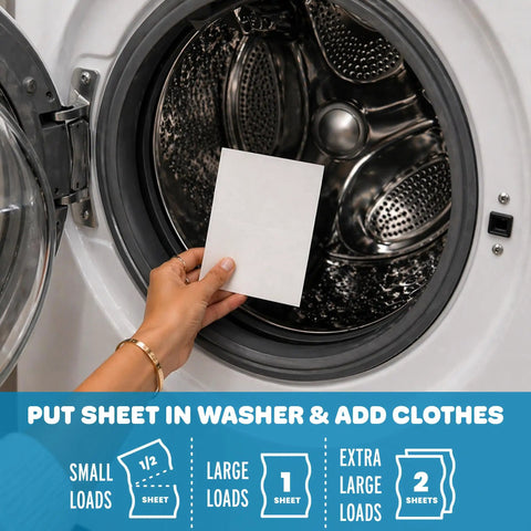 Person placing Heavy Duty Laundry Detergent Sheet Featuring 3x Stain Fighting Enzymes into washing machine for laundry.