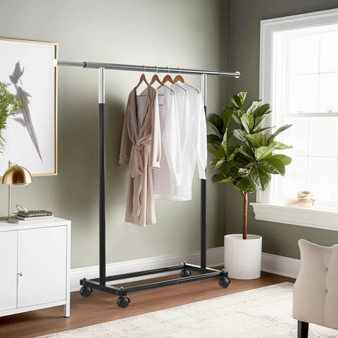 Heavy Duty Steel Clothing Rack With Extensible Top Rod And Chrome Accents In Slick Black Paint Built Solid For Dorm Life And Cramped Closets Easy Setup Rack To Hang All Your Threads Stress Free