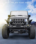 Nilight front bumper for Jeep Wrangler JK/JKU with winch plate, black steel bumper with bull bar and LED pods (front view)