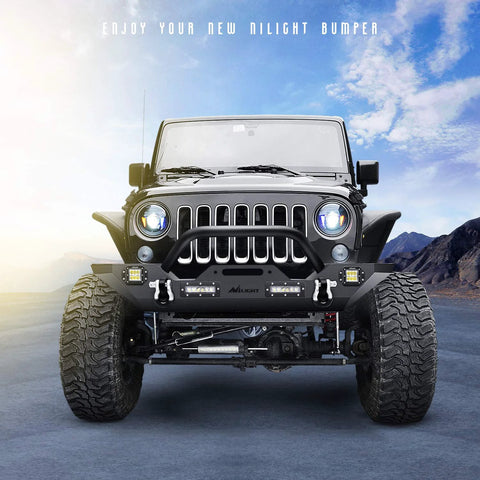 Nilight front bumper for Jeep Wrangler JK/JKU with winch plate, black steel bumper with bull bar and LED pods (front view)