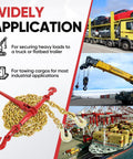 Heavy Duty Chain And Binder Set For Flatbed Tie Downs Three Eighths Inch By Ten Feet Chains With Two Ratchet Binders 9,200 Lbs WLL And 33,000 Lbs Break Strength Ideal For Trucks, shown with application examples for securing loads on trucks and trailers.