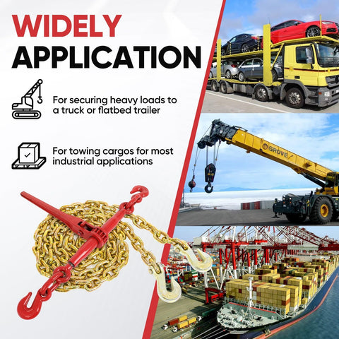 Heavy Duty Chain And Binder Set For Flatbed Tie Downs Three Eighths Inch By Ten Feet Chains With Two Ratchet Binders 9,200 Lbs WLL And 33,000 Lbs Break Strength Ideal For Trucks, shown with application examples for securing loads on trucks and trailers.