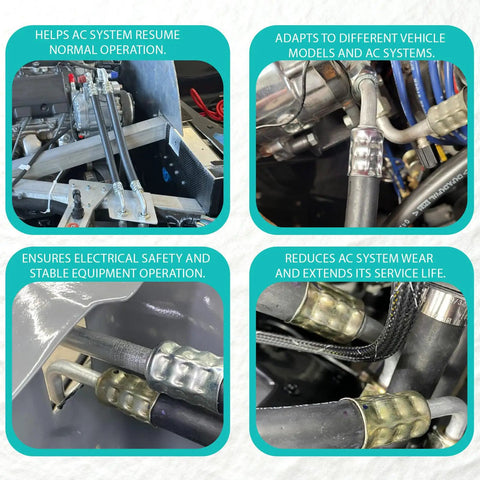 Close-up of 26 Piece AC Hose Kit with Six Point Five Foot Hoses and Fittings for Most Cars Trucks and SUVs Universal Auto AC Repair Kit With O Ring Easy Install Durable Build on various vehicle AC systems.