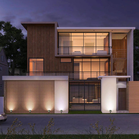 Modern house illuminated by Solar Spotlight Pack Outdoor 12 LED IP67 Waterproof Dusk To Dawn Auto On Off 2In1 Adjustable Wall Lights