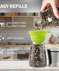 Stainless Steel Salt And Pepper Grinder Set Two Pack With Glass Jars, easy refill with silicone funnel in kitchen setting