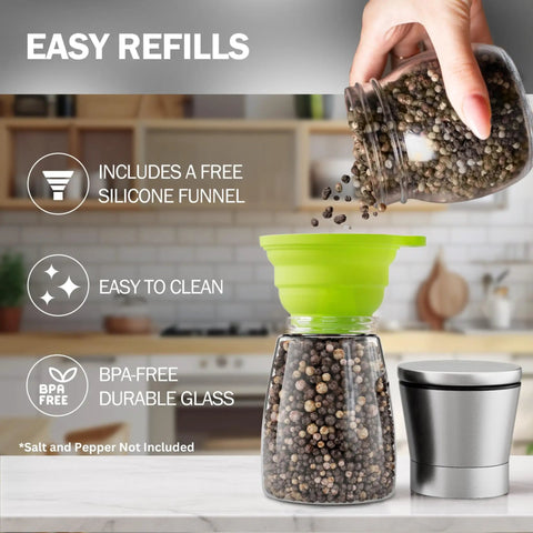 Stainless Steel Salt And Pepper Grinder Set Two Pack With Glass Jars, easy refill with silicone funnel in kitchen setting