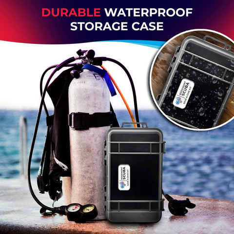 Save A Dive Scuba Repair Kit For Divers All In One Gear Maintenance Set with waterproof case next to scuba tank