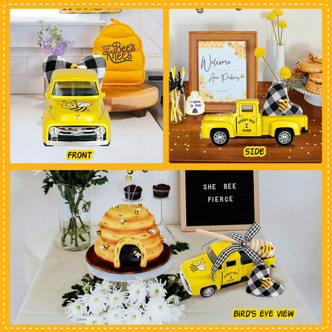Mini Honey Yellow Chevy Truck Decor With Buffalo Check Heart For Bee Themed Farmhouse Tables Tiered Trays Risers And Shelves Vintage Metal Pickup Truck Art For Spring And Summer Home Decor