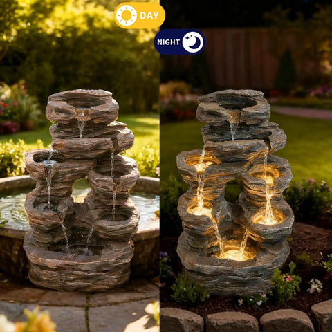 7 Tier Cascading Rock Fountain With LED Lights For Garden and Patio Stone Look Resin Water Feature, day and night view
