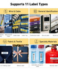 Image showcasing various label types supported by the Top Shelf Bluetooth Label Maker With Mini Qwerty Keyboard.