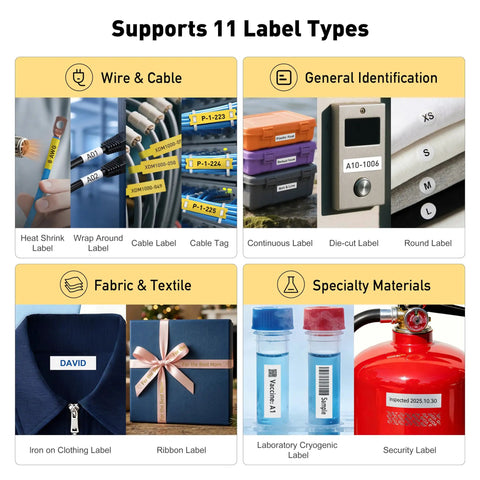 Image showcasing various label types supported by the Top Shelf Bluetooth Label Maker With Mini Qwerty Keyboard.